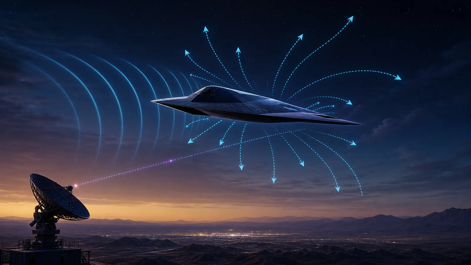 Original editorial illustration of radar waves scattering away from a generic low-observable aircraft with only a faint return
