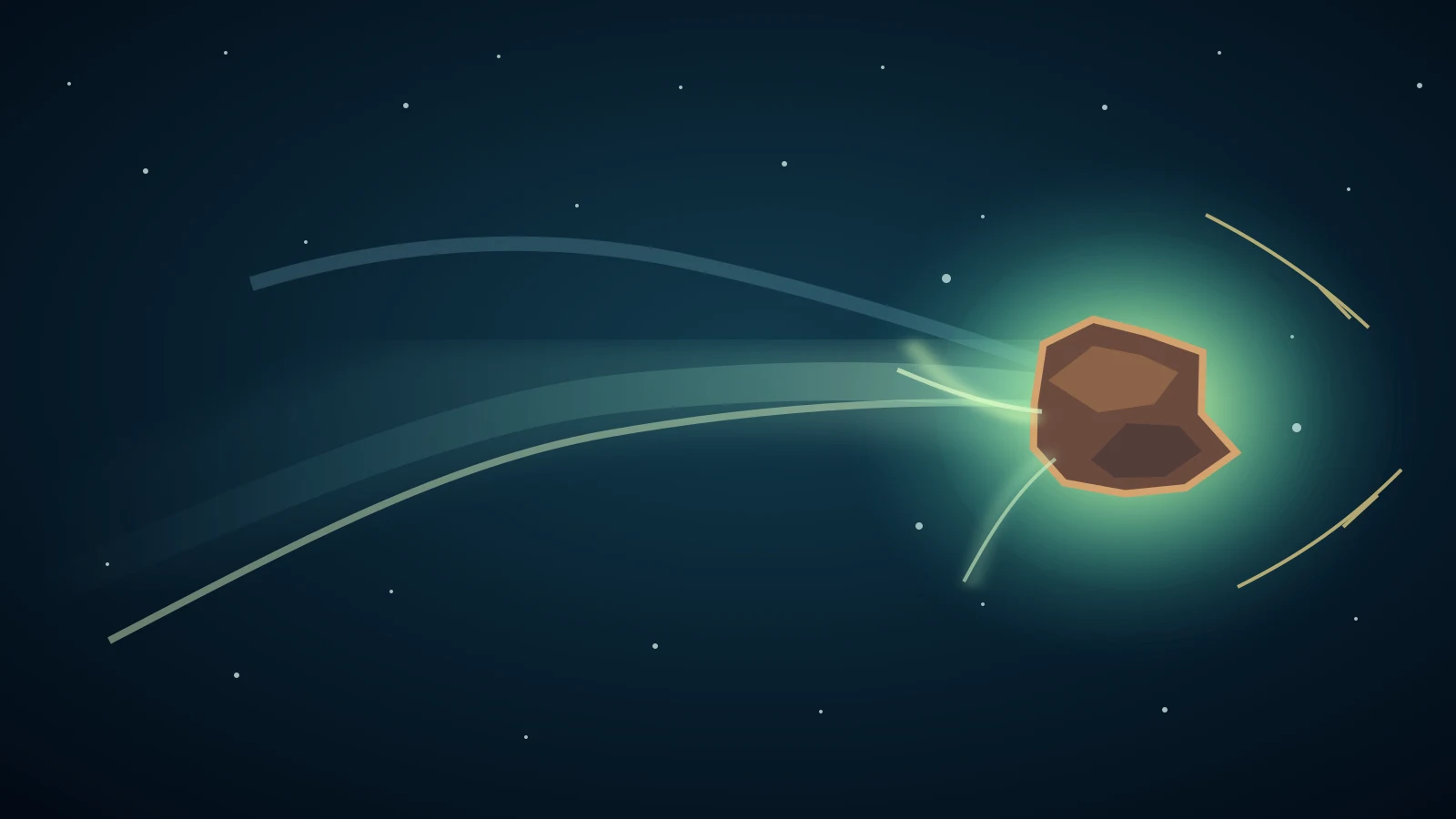 Original scientific reconstruction of Comet 220P with a green coma, irregular nucleus, dust tail and observation paths during an outburst