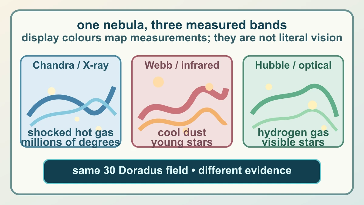 Original diagram showing Chandra X-rays tracing shocked hot gas, Webb infrared revealing cool dust and young stars, and Hubble optical data showing hydrogen gas and stars in the same 30 Doradus field