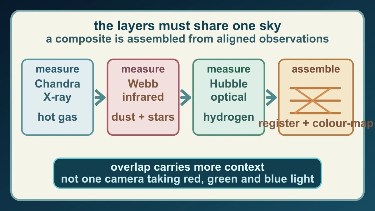 Original diagram showing Chandra, Webb and Hubble observations of 30 Doradus being spatially registered and assigned display colours before becoming a composite