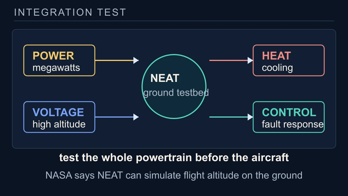 Original diagram connecting NASA NEAT ground testing with megawatt power, heat, high voltage and control response under simulated flight altitude