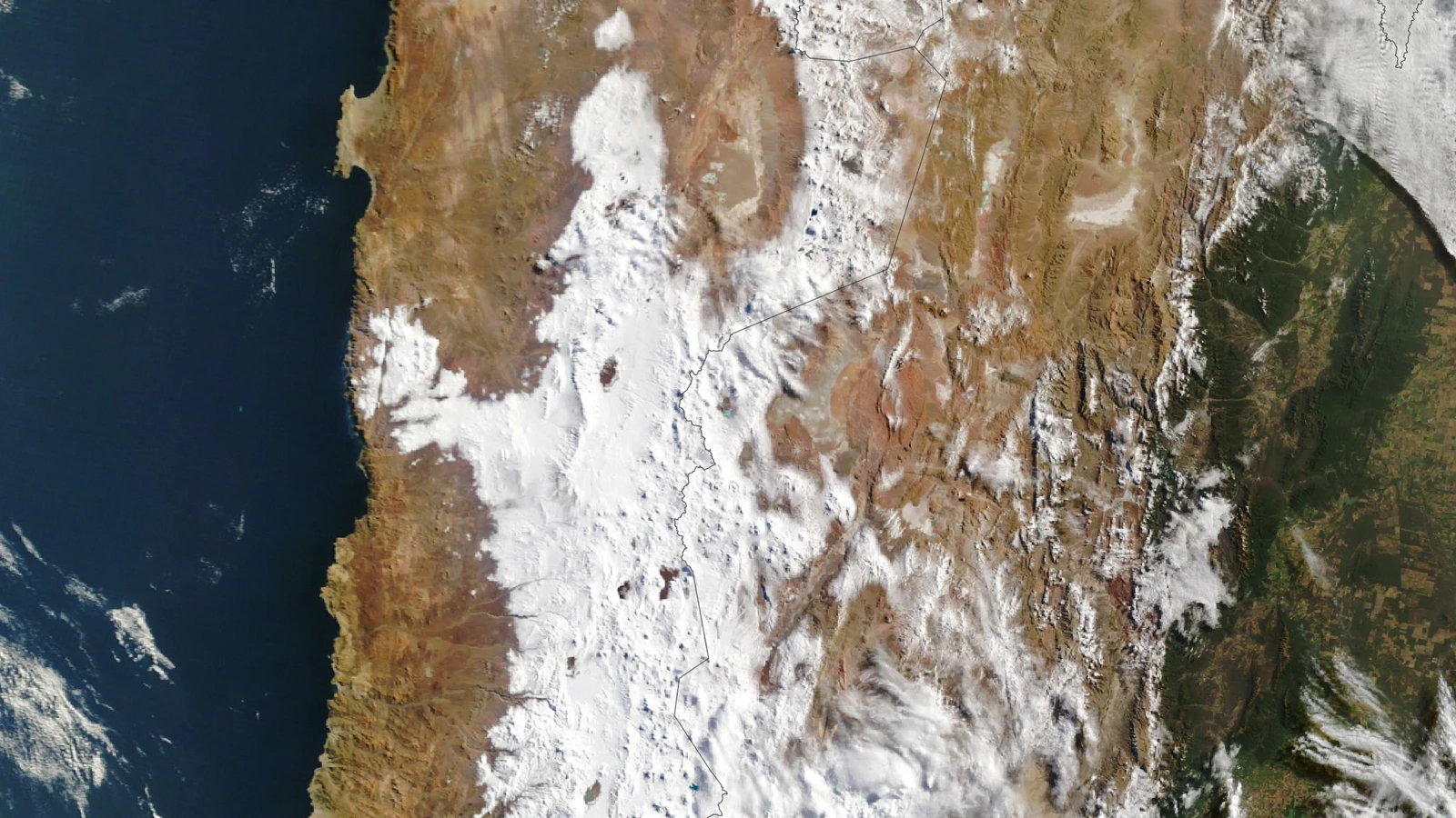 Terra MODIS view showing snow stretching across northern Chile from the Andes toward the Pacific coast