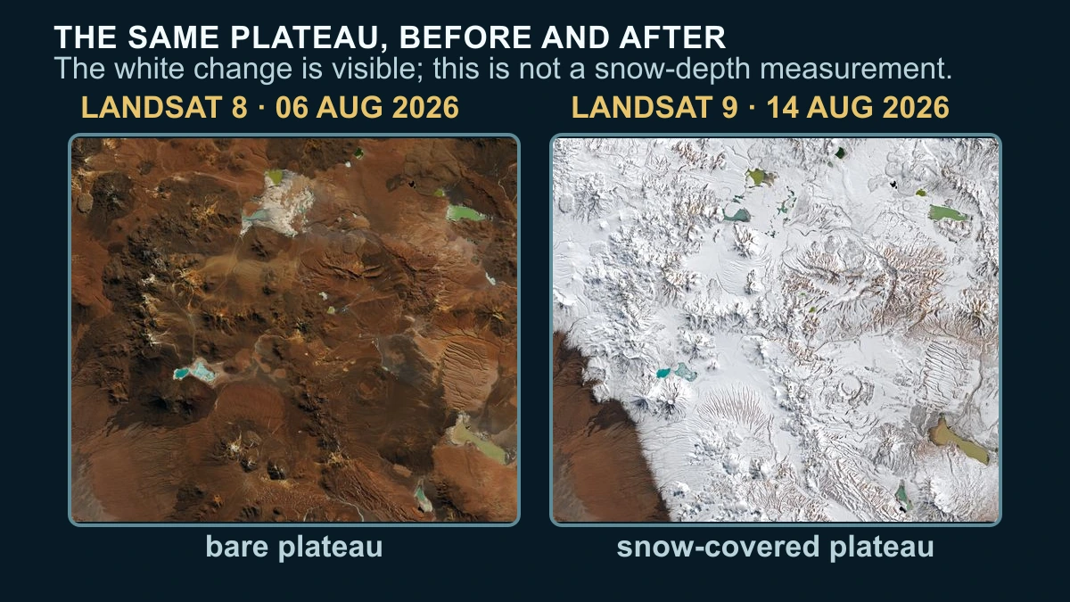Exact NASA Landsat scenes arranged as a before-and-after comparison of the Chajnantor plateau on August 6 and August 14, 2026