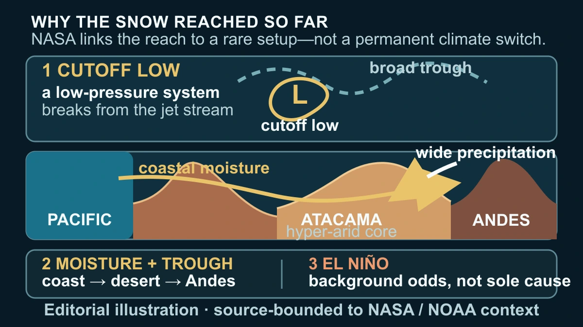 Original cross-section showing a cutoff low, coastal moisture, precipitation crossing the Atacama and El Niño as background context rather than a sole cause