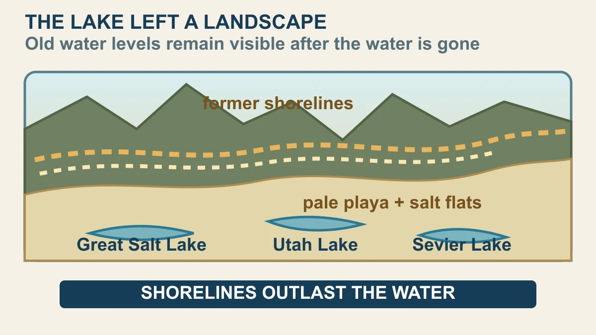 Original diagram showing former Lake Bonneville shorelines above a pale playa and the smaller Great Salt Lake, Utah Lake and Sevier Lake remnants