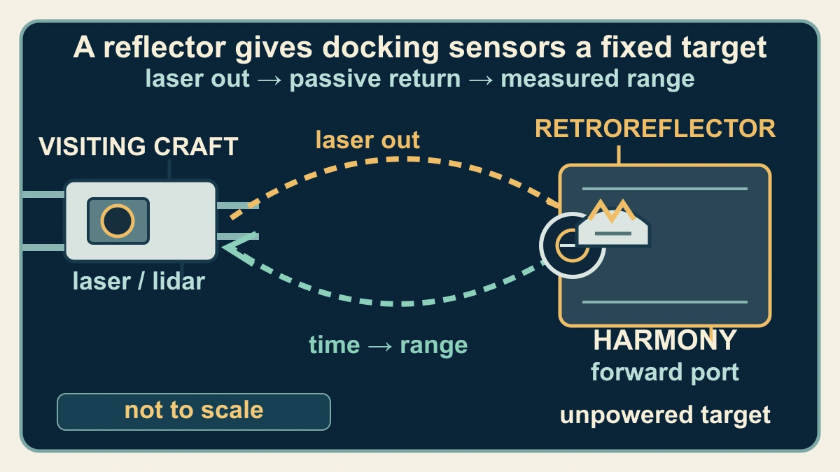 Original mechanism diagram showing a visiting spacecraft sending a laser pulse toward a passive retroreflector on Harmony's forward port and using the return time to estimate range