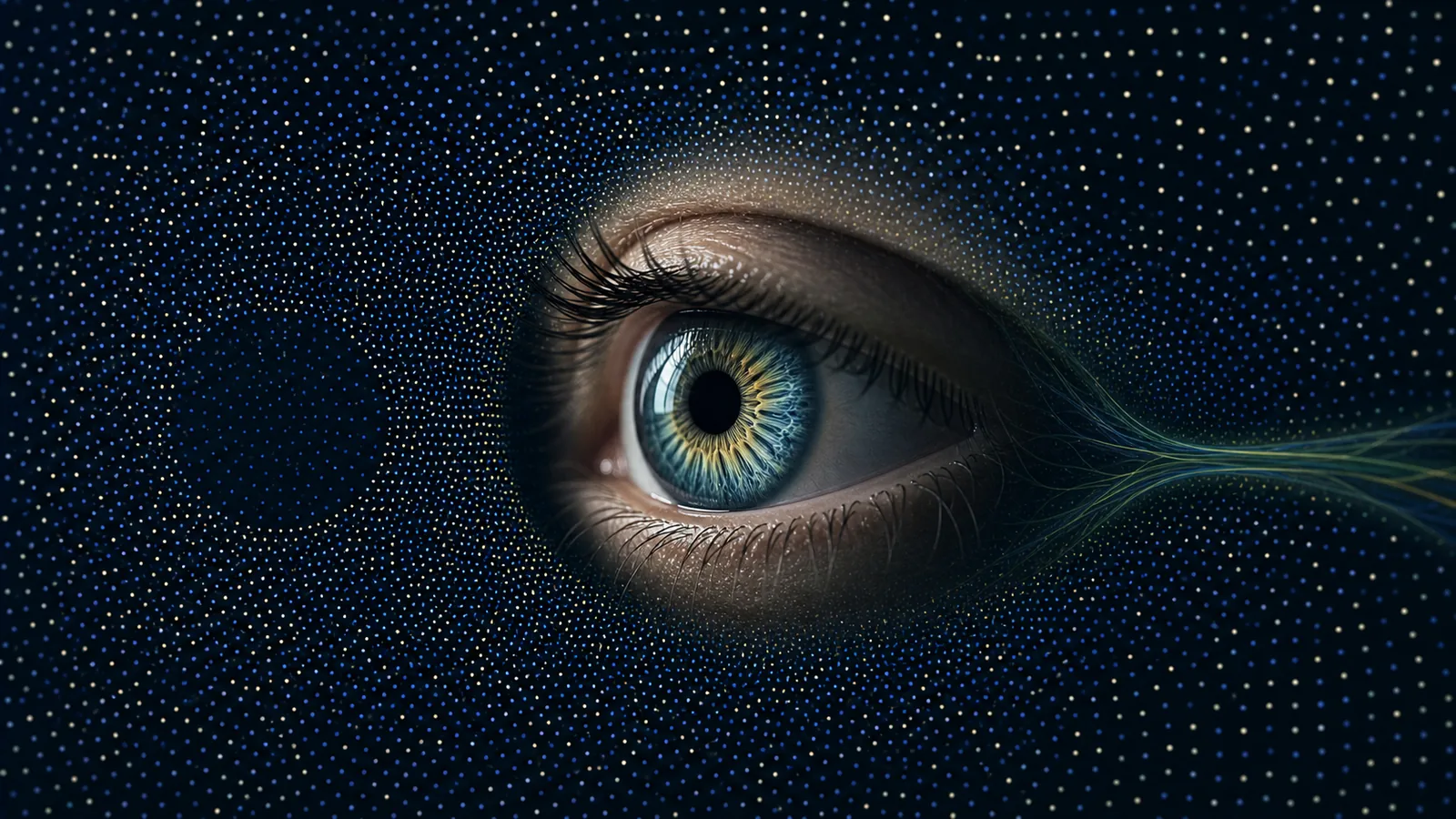 Original editorial illustration of a human eye surrounded by a continuous field of dots, representing the natural blind spot hidden inside apparently complete vision