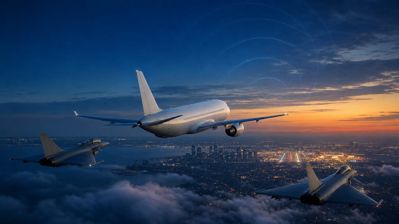Original editorial illustration of a passenger jet accompanied by two interceptor aircraft near a city airport at dusk