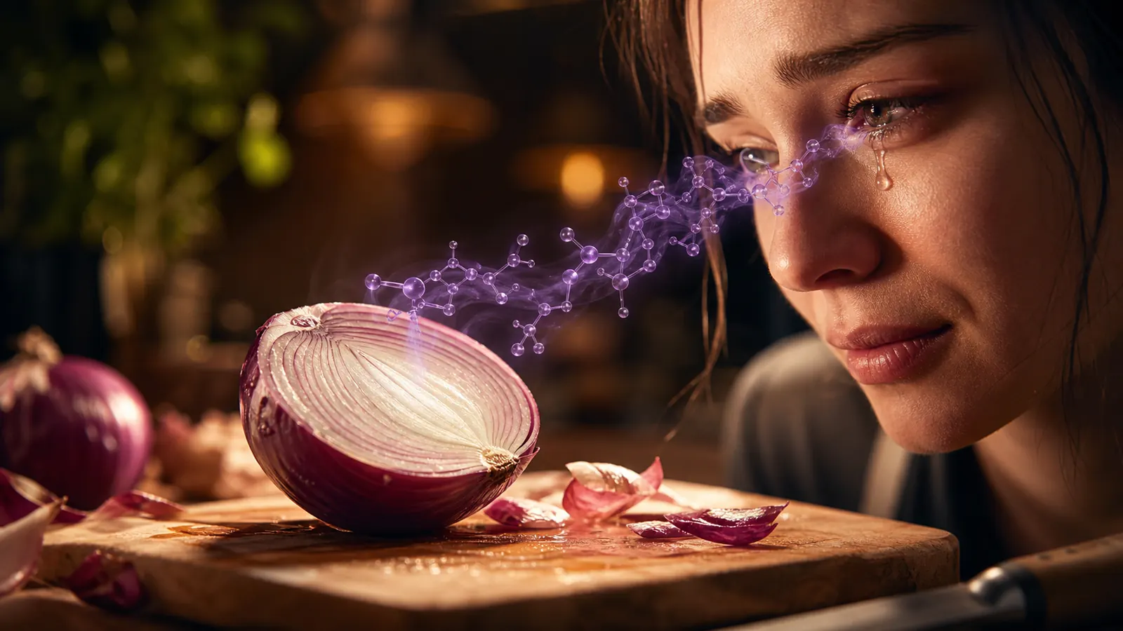 Original editorial illustration of a cut onion releasing volatile molecules toward an eye beginning to tear