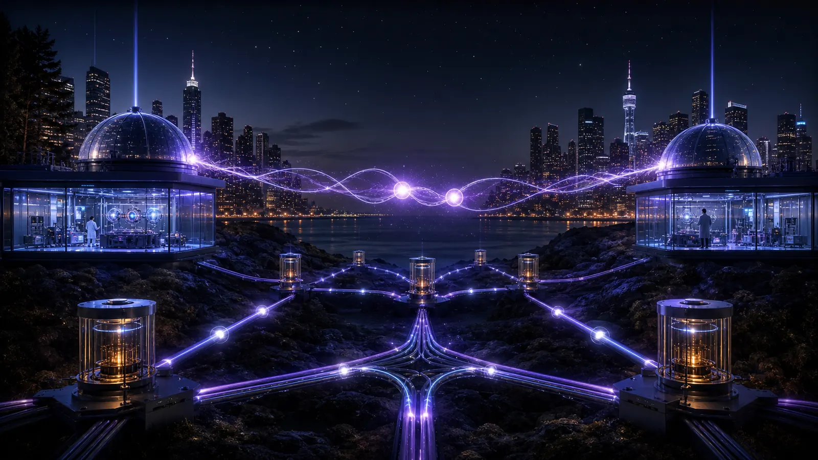 Original editorial illustration of two distant quantum-network laboratories linked by entangled photons and repeaters