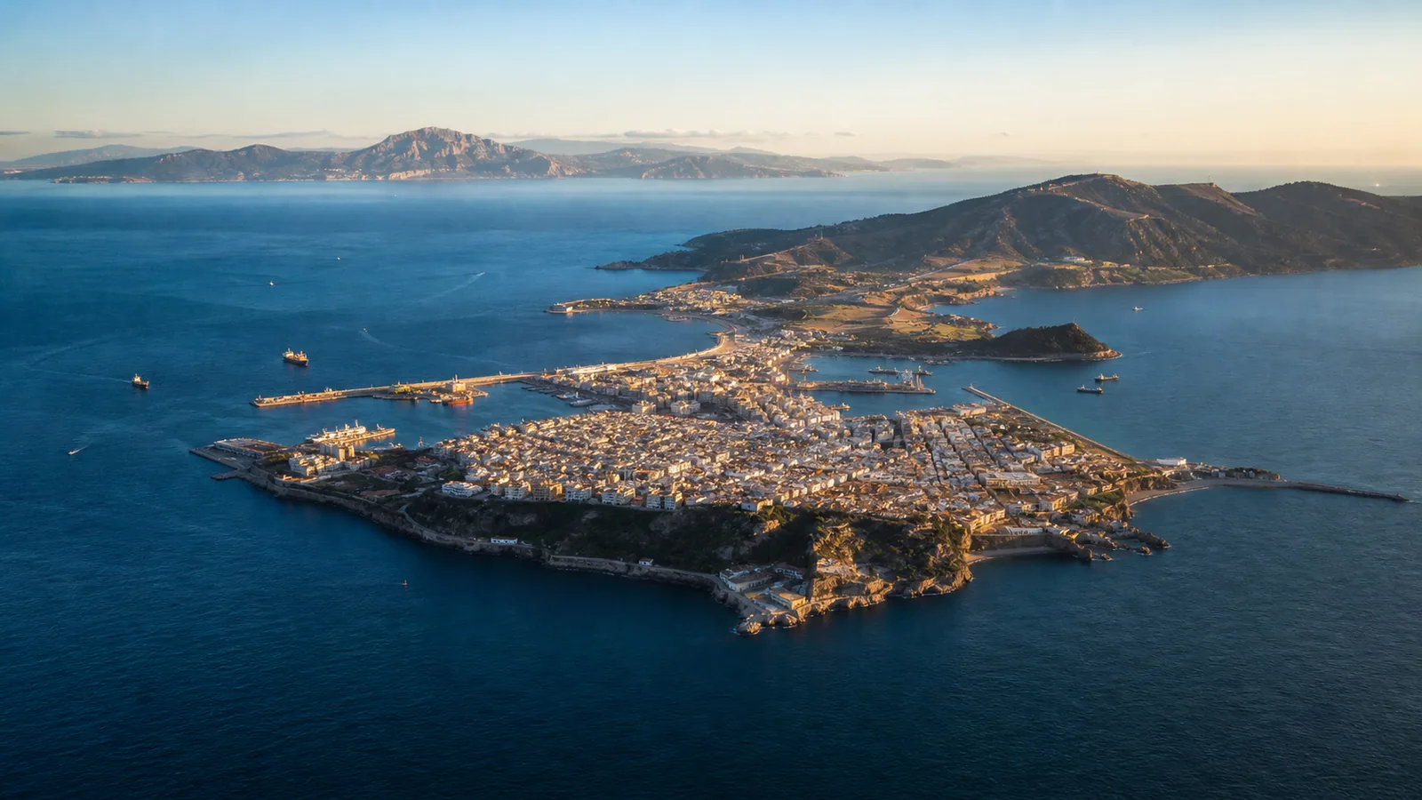 Original aerial editorial illustration of Ceuta on a narrow North African peninsula with the Strait of Gibraltar and distant European coast