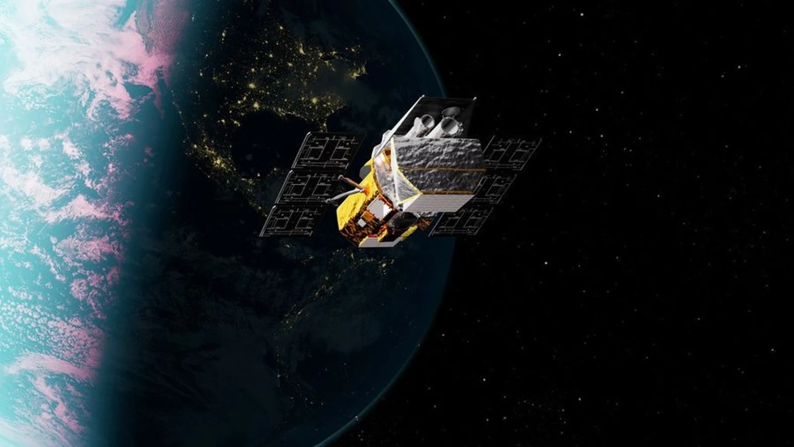 NASA artist's concept of the Neil Gehrels Swift Observatory in orbit above Earth, with the spacecraft's solar panels and telescope body visible
