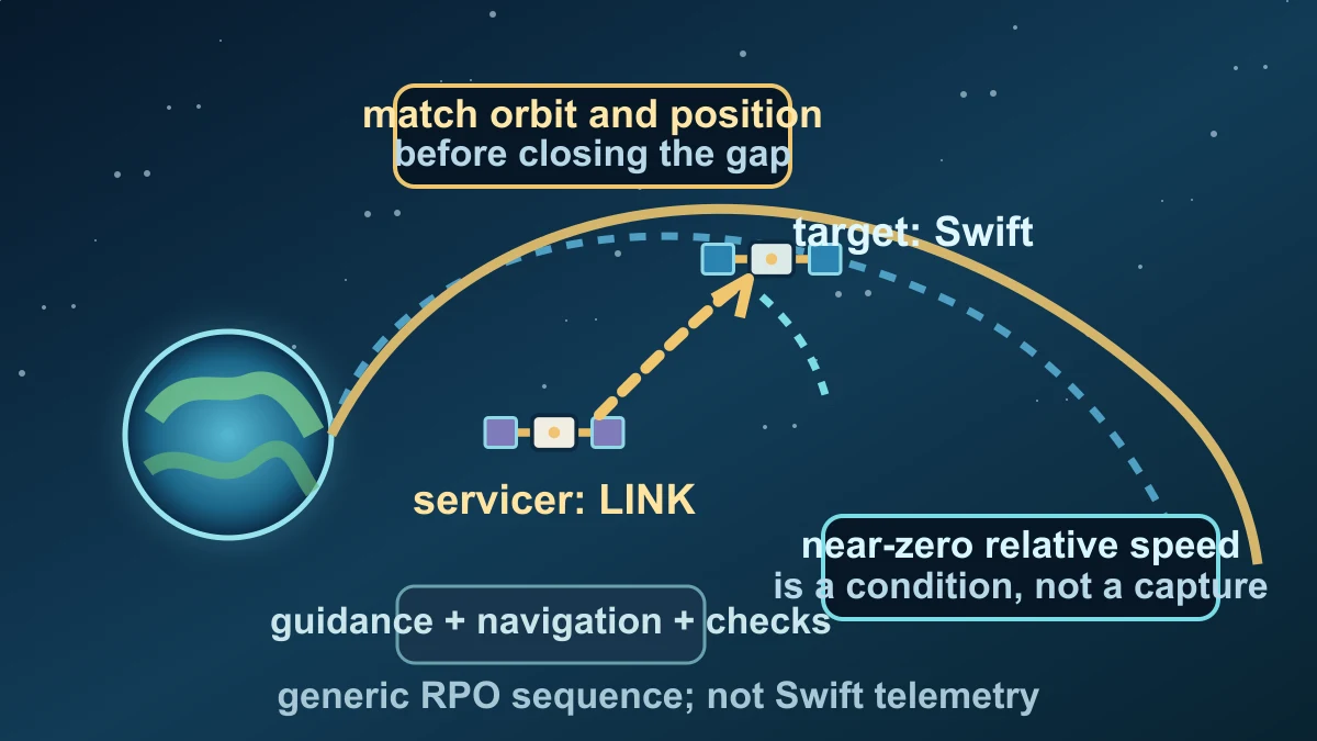 Original diagram of LINK approaching a Swift target in a shared orbital neighborhood while reducing relative motion before any capture decision