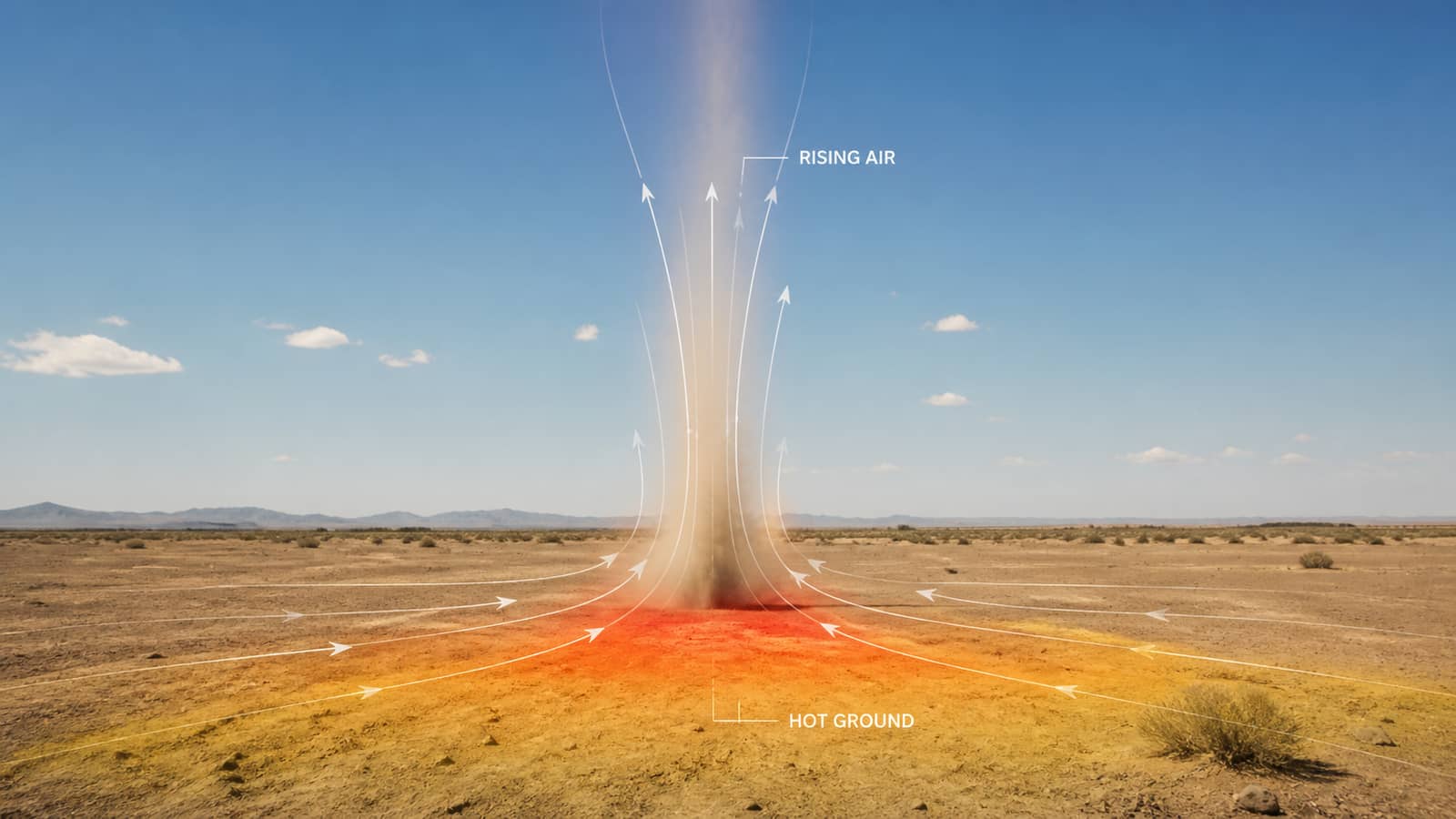 AI-assisted scientific illustration showing hot ground, near-surface inflow and rising air forming a dust column