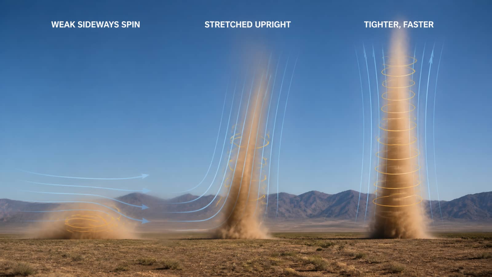 Three-stage AI-assisted meteorological illustration showing weak sideways spin stretched into a tighter upright vortex