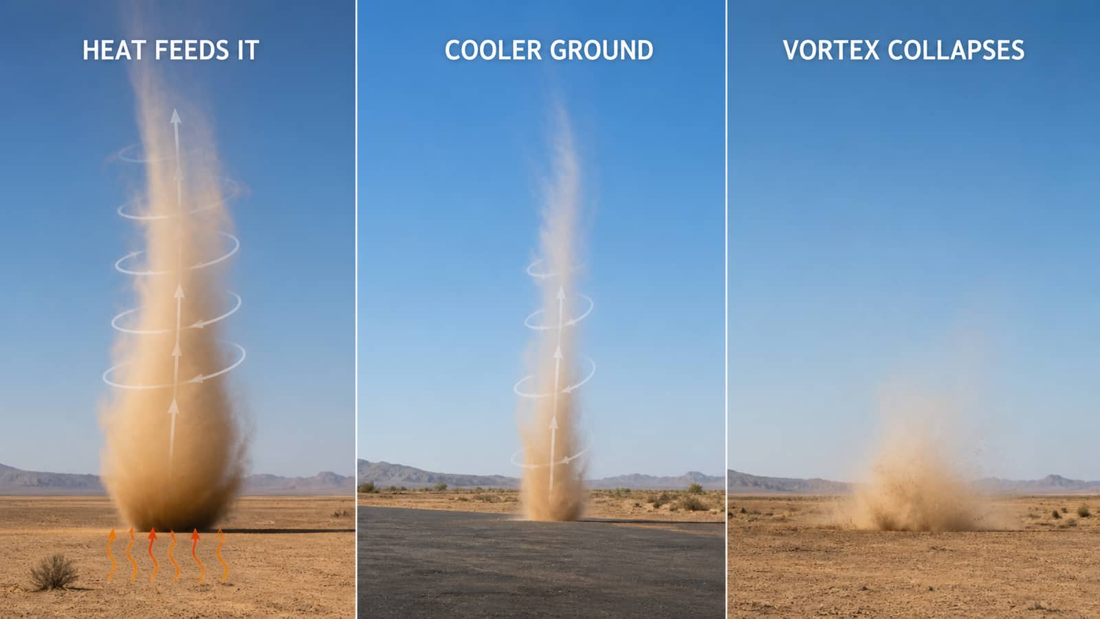 Three-stage AI-assisted illustration showing a dust devil fed by hot ground, weakening over cooler ground and collapsing