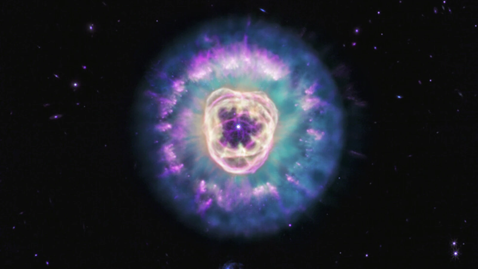 NASA ESA CSA and STScI MIRI image of NGC 2392 showing the dusty outer structure and ionised central bubble around the dying star