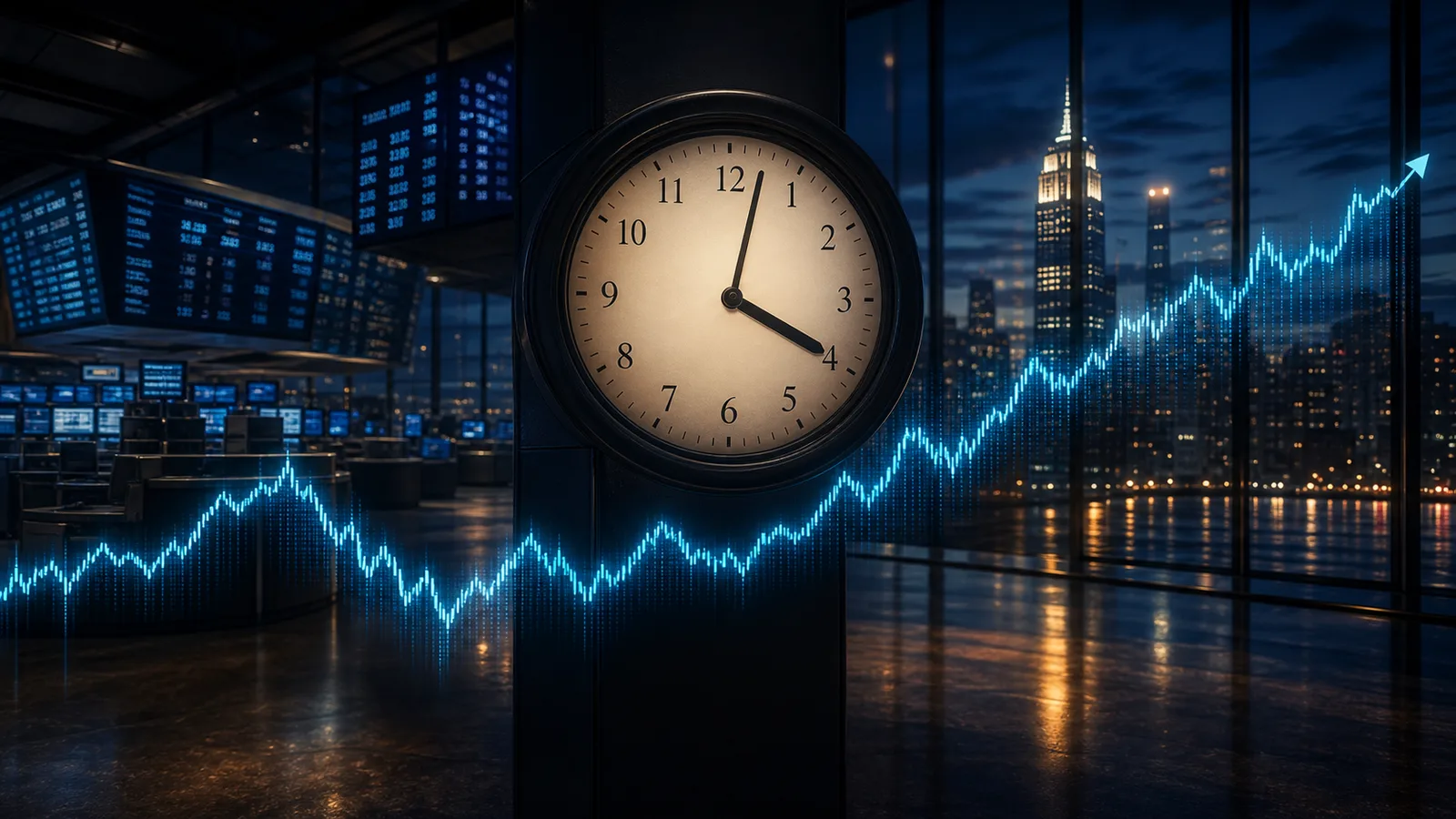 Editorial illustration of a Wall Street clock just after 4 p.m. while an electronic stock-price line continues moving across an evening trading floor