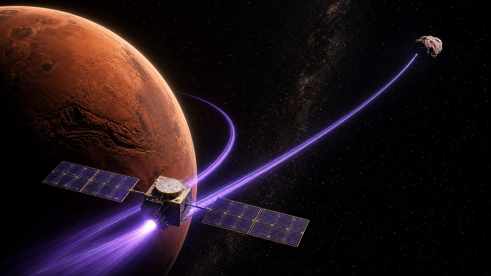 Original editorial illustration of the Psyche spacecraft bending past Mars toward a distant metal-rich asteroid