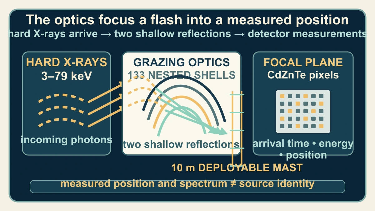 Original scientific diagram showing hard X-rays reflecting through NuSTAR's nested grazing-incidence optics and arriving at a CdZnTe focal plane that records time, energy and position